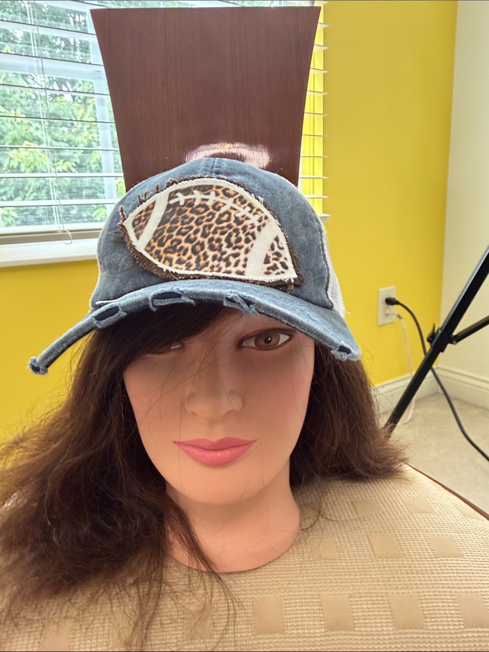 Denim Baseball Cap with Leopard Football Patch - Blue